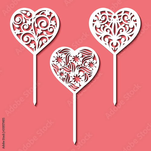 Set of the table sign toppers. Template for laser cutting, wood carving, paper cut out. Handmade silhouette for unique wedding decor. Vector heart decoration for Valentine's Day.