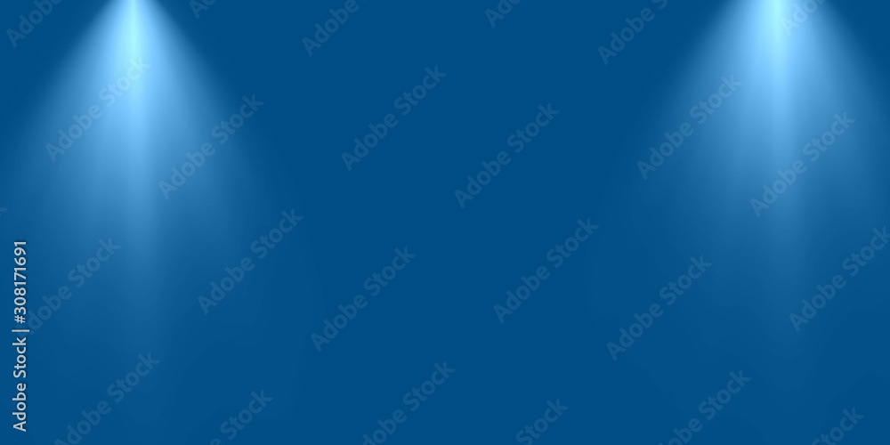 Empty scene blue wall with two spotlights. Stock image of abstract spot light on blue blank background, glowing color bright beams on stage. Beautiful for design card, advert anniversary, product