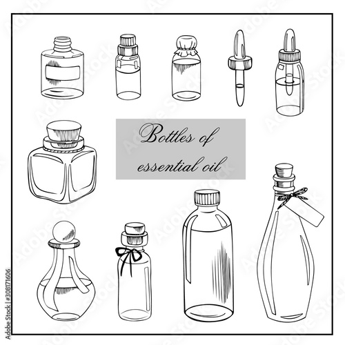 Vector sketch set with bottles of essential oils