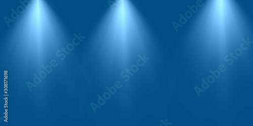 Empty scene blue wall with three spotlights. Stock image of abstract spot light on blue blank background, glowing color bright beams on stage. Beautiful for design card, advert anniversary, product