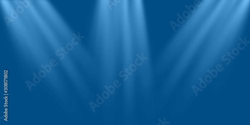 Empty scene blue wall with three spotlights. Stock image of abstract spot light on blue blank background, glowing color bright beams on stage. Beautiful for design card, advert anniversary, product