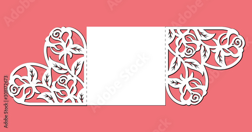 Gate fold invitation card. Laser cutting template of openwork vector silhouette. Lace border at vintage style for Valentine's day. Wedding envelope with heart and roses pattern on red background.