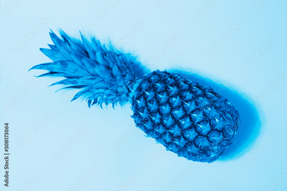 Blue pineapple on blue background. Blue tinted window. Stock Photo