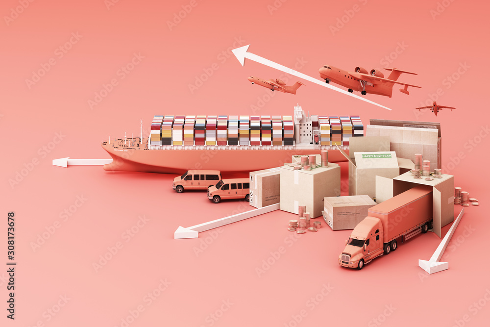 3D rendering of the crate box surrounded by cardboard boxes, a cargo  container ship, a flying plan, a car, a van and a truck on pink background  Illustration Stock | Adobe Stock