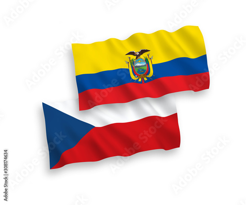 National vector fabric wave flags of Czech Republic and Ecuador isolated on white background. 1 to 2 proportion.