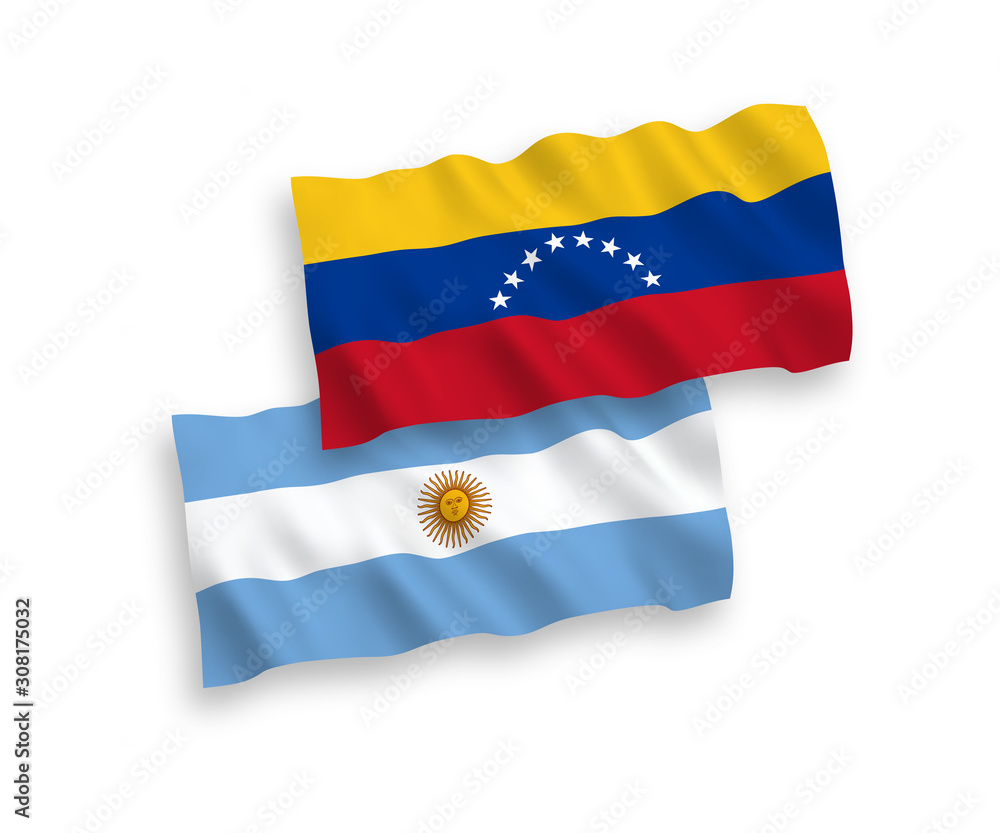 Fototapeta premium National vector fabric wave flags of Venezuela and Argentina isolated on white background. 1 to 2 proportion.