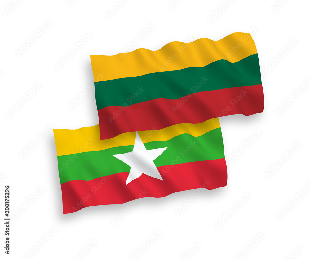 National vector fabric wave flags of Lithuania and Myanmar isolated on white background. 1 to 2 proportion. National vector fabric wave flags of Lithuania and Myanmar isolated on white background. 1 to 2 proportion.