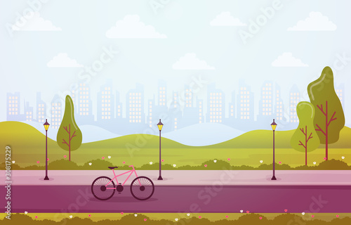 Summer Spring View in City Park Outdoor Landscape Flat Illustration