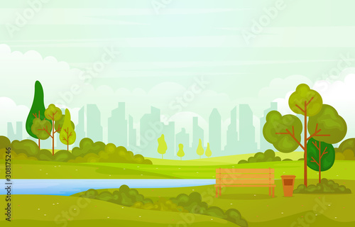 Summer Spring View in City Park Outdoor Landscape Flat Illustration