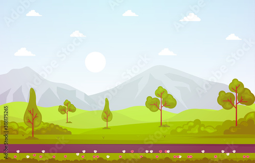 Summer Spring View in City Park Outdoor Landscape Flat Illustration