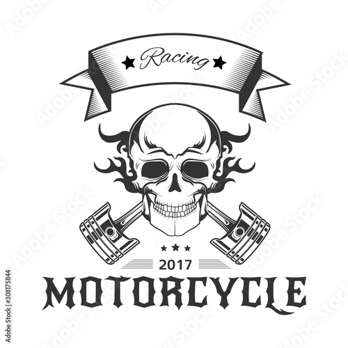 Motorcycle racing logo with skull in flames and bike pistons