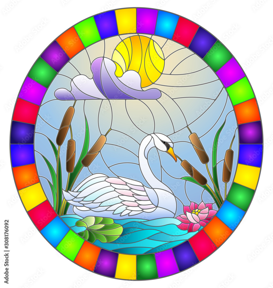 Illustration in stained glass style with Swan , Lotus flowers and reeds on a pond in the sun, sky and clouds, oval image in bright frame