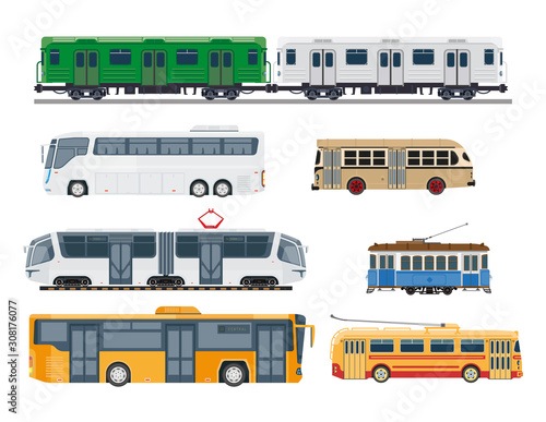 Railroad trains and streetcars public transportation collection side view