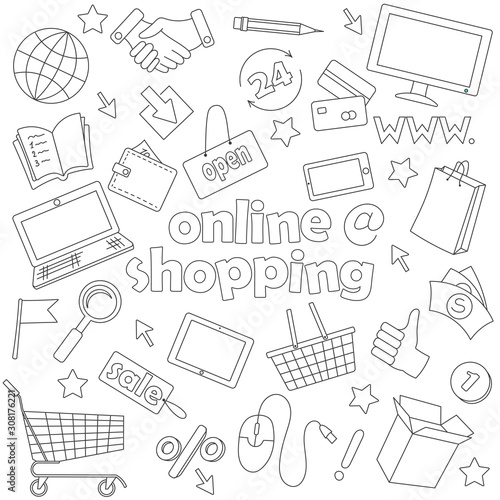 Contour  set of icons on the subject  of online shopping and Internet shops, dark simple hand drawn outlines on a white background