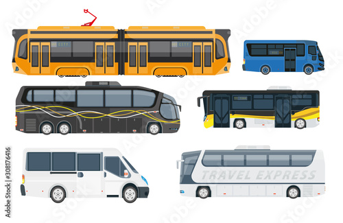 Travel shuttle buses and passenger transport vehicles side view