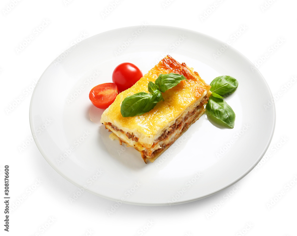 Plate with tasty baked lasagna on white background Plate with tasty baked lasagna on white background