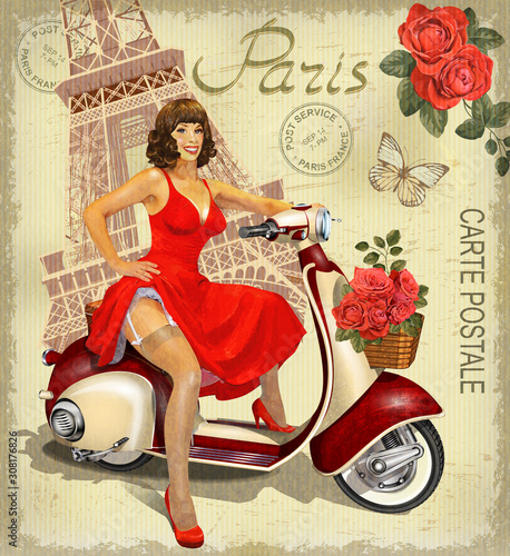 Paris vintage poster.Happy Pin-up girl on  a scooter with flowers.