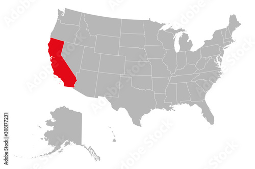 California map marked red on USA political map vector. Gray background