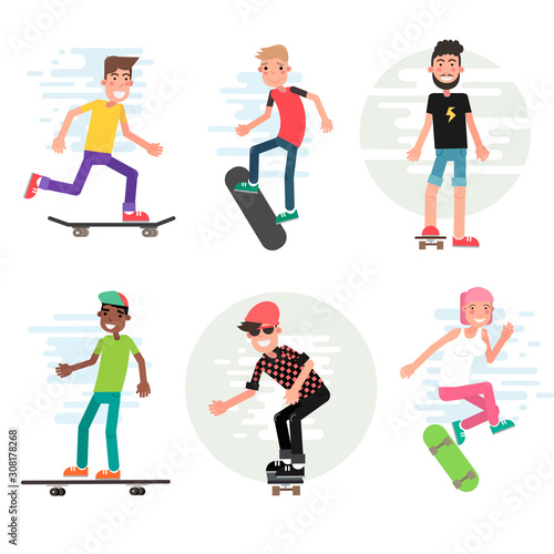 Modern urban teenage boys and girls on skateboard vector illustration. Set of isolated cartoon characters. City skaters have fun and do stunt and tricks. Skate extreme sport