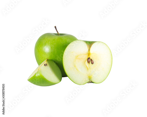 A fresh green apple with slice isolated on white background with clipping path