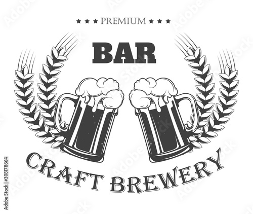 Premium craft brewery pub logo with beer jugs and barley
