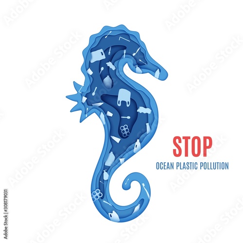 Silhouette of a seahorse cut out of paper and stop ocean pollution banner. Craft sea horse layers with plastic rubbish. Papercut trash agitational environment poster. Vector World Ocean Day.