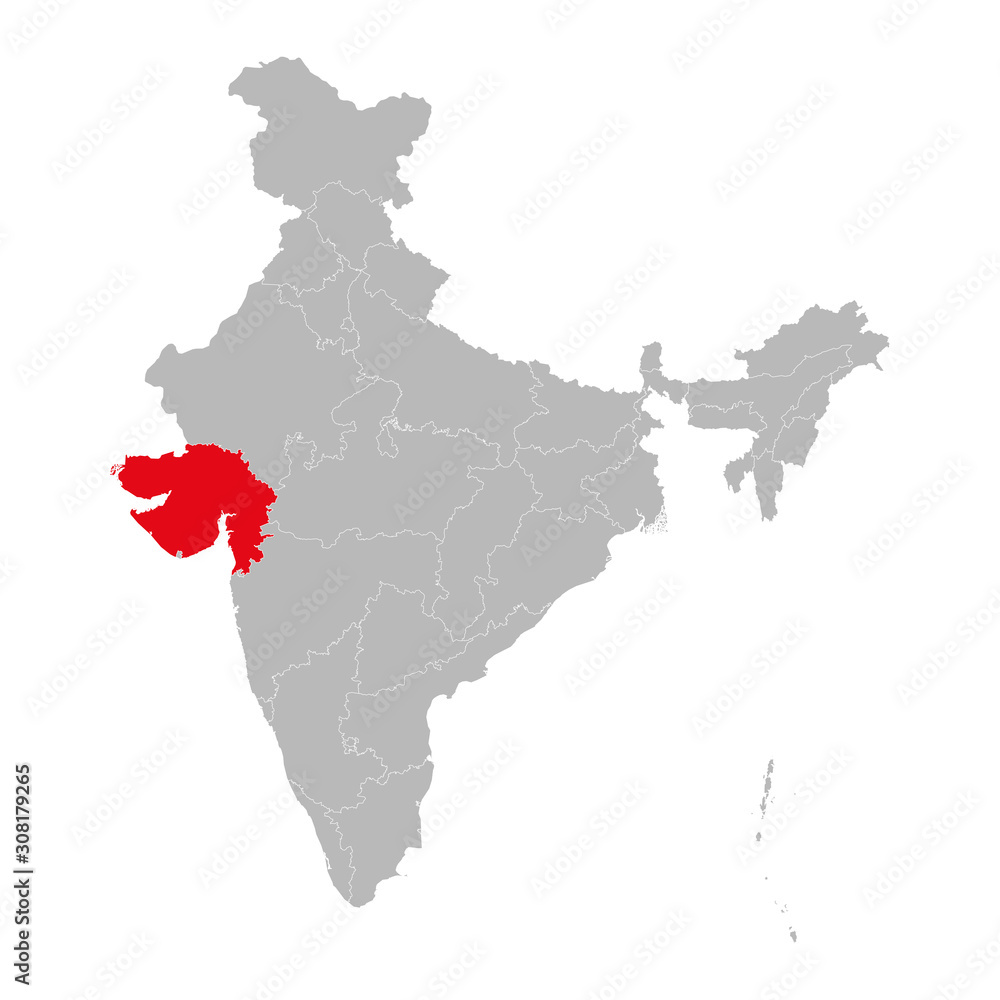 Gujarat map marked red on India political map vector illustration. Gray background