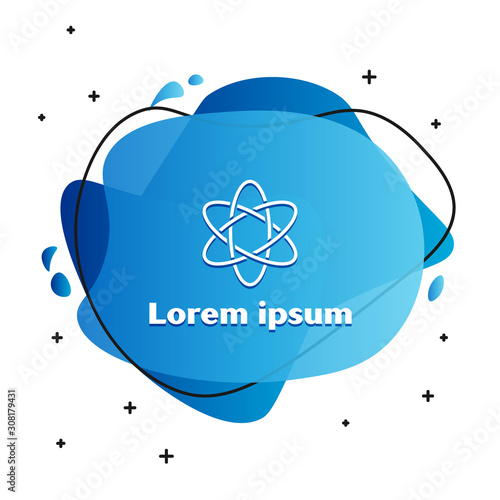 White Atom icon isolated on white background. Symbol of science, education, nuclear physics, scientific research. Abstract banner with liquid shapes. Vector Illustration