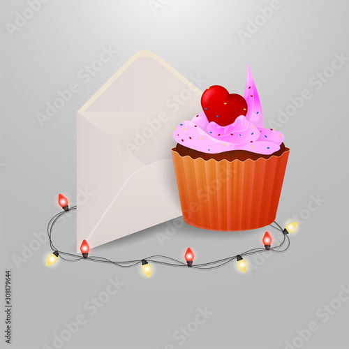 sweet cupcake with heart postal envelope and garlands with light bulbs on grey insulating background