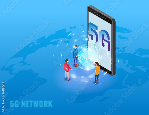 5G internet new mobile wireless technology wifi connection. Isometric smartphone with Earth planet