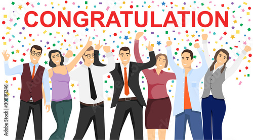 People who congratulate you. Congratulations. People wave their hands and greet. Beautiful decorations and balloons. Vector, cartoon illustration.