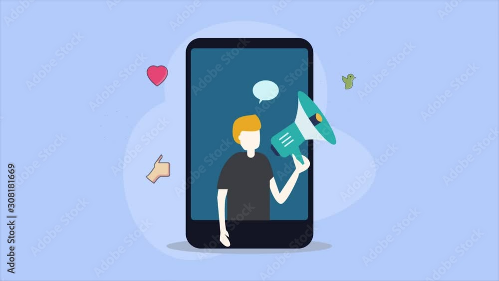 Social media marketing, business promotion via mobile technology, businessman with megaphone concept. 2d animation, video clip. Social media marketing, business promotion via mobile technology, businessman with megaphone concept. 2d animation, video clip.