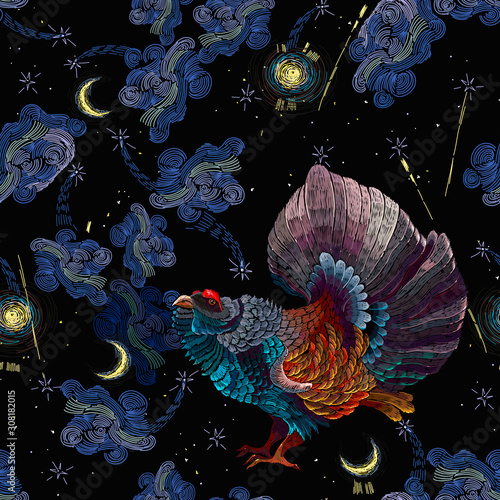 Wood grouse, moon and star sky seamless pattern. Good night, dreams concept. Embroidery art. Western capercaillie (Tetrao urogallus), bird. Fashion fantasy template for clothes and t-shirt design