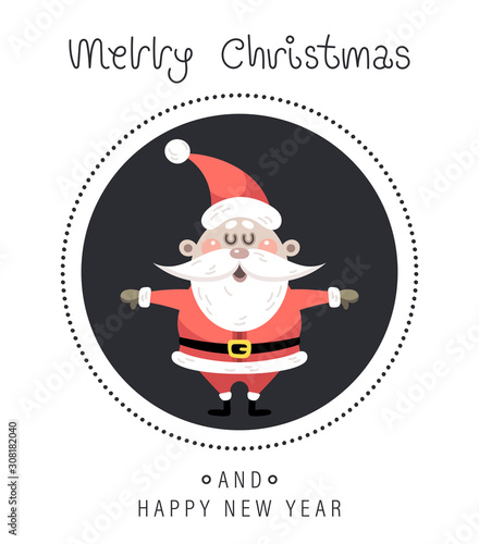 Merry christmas and happy new year greeting card. The inscription and santa claus. Vector illustration.