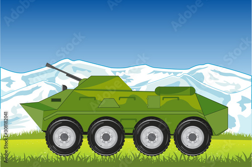 Military transport with weapon on background of the nature