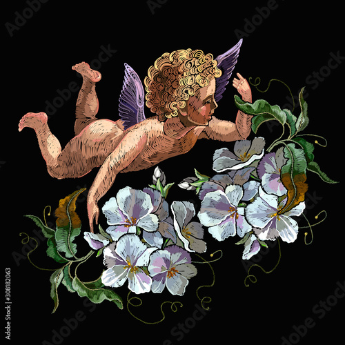 Embroidery angels and white flowers. Renaissance art. Cupids. Happy Valentines Day art. Paradise garden. Template for clothes and t-shirt design