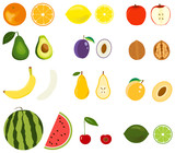 Fruits, tropical fruits. Whole and cut fruits. Vector illustration of a concept of vegetarian cuisine and healthy eating.