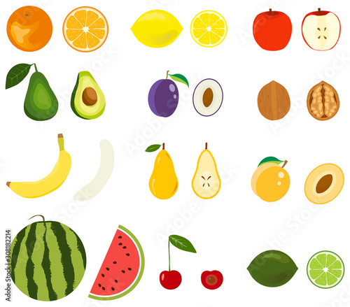 Fototapeta Naklejka Na Ścianę i Meble -  Fruits, tropical fruits. Whole and cut fruits. Vector illustration of a concept of vegetarian cuisine and healthy eating.