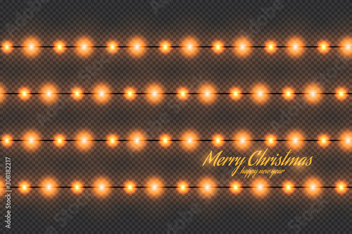 Golden christmas lights isolated realistic design elements. Glowing lights for greeting card design. Garlands, Christmas decorations. Beautiful light background.