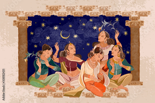 East murals. Beautiful indian girls in harem. Women in national ethnic clothes. Arabic frescos. Fashion islamic princesses. Scheherazade tell fairy tales in moonlight night. Culture of India