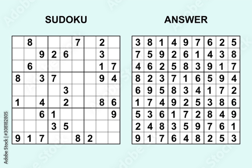 Vector sudoku with answer 309. Puzzle game with numbers.