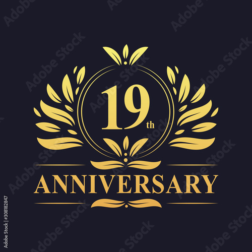 19th Anniversary logo, luxurious golden color 19 years Anniversary logo design celebration.