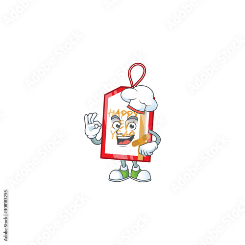 Happy Chef happy new year tag cartoon character with white hat