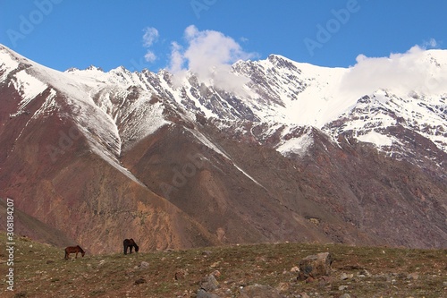 High peaks of snowy mountains in Cajón del Maipo, in the central Andes of Chile.