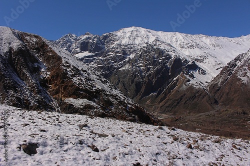 High peaks of snowy mountains in Cajón del Maipo, in the central Andes of Chile.