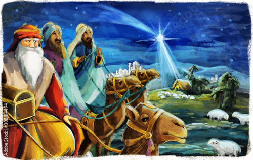 religious illustration three kings - and holy family - traditional scene - illustration for children © honeyflavour
