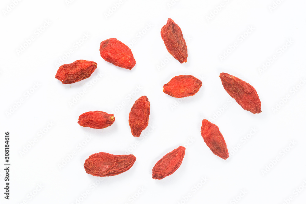 Spread out goji berries on a white background. Spread out goji berries on a white background.
