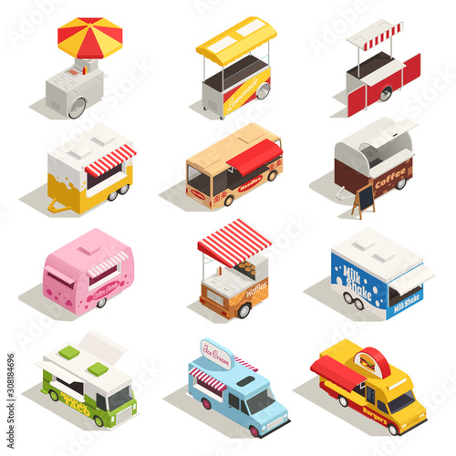 Street Carts Trucks Isometric Icon Set
