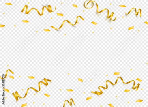 Vector celebration template with serpentine and confetti and carnival ribbon on transparent background.