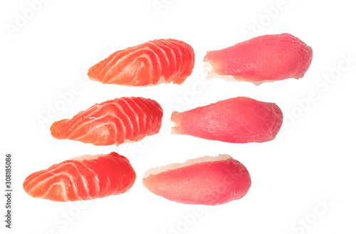 Salmon sushi and tuna sushi on white background.